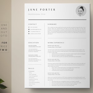 May include: A black and white resume template with a photo of a woman in the top right corner. The resume includes sections for contact information, education, work experience, skills, and a summary. The text "Page One With and Without a Photo" is at the top left corner. The text "Buy 1 for the Price of Two" is at the bottom left corner.