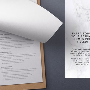 May include: A close-up of a resume template with the text "EXTRA BONUS YOUR RESUME COMES PRE FILLED!"  Your new Resume is already filled out with meaningful information to help guide you. With a few extra tips and tricks needed to make your Resume POP!"