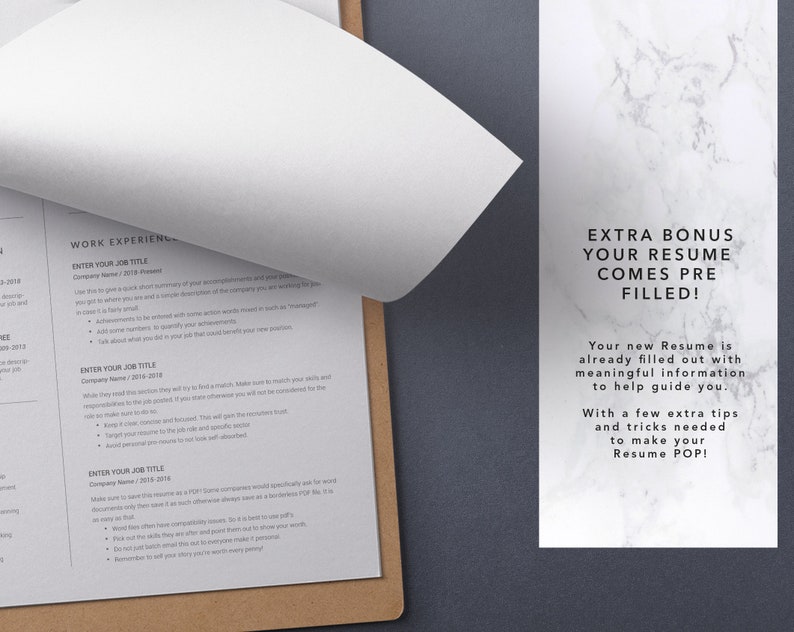 May include: A close-up of a resume template with the text "EXTRA BONUS YOUR RESUME COMES PRE FILLED!"  Your new Resume is already filled out with meaningful information to help guide you. With a few extra tips and tricks needed to make your Resume POP!"