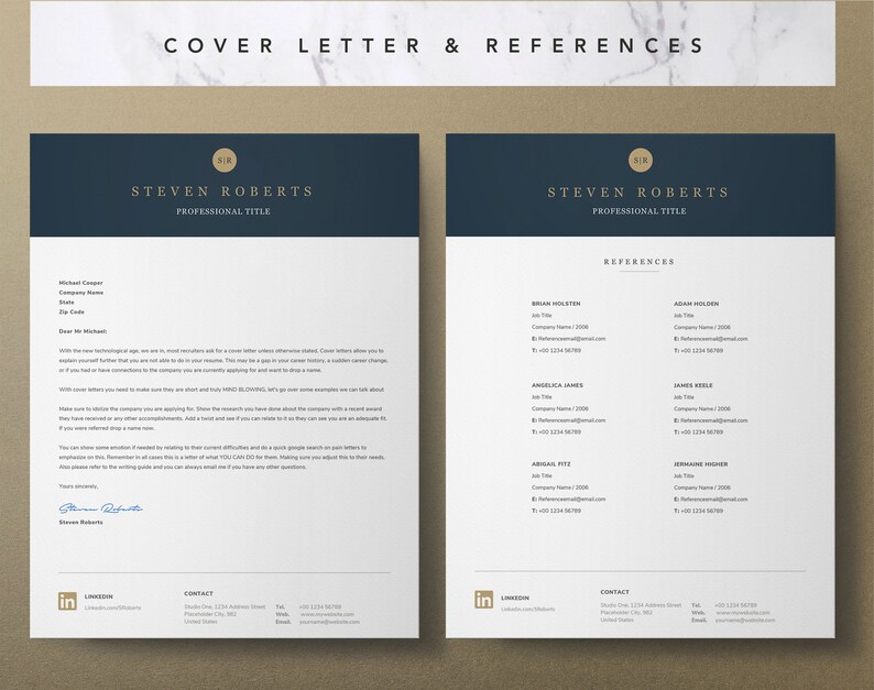 Pu&ograve; includere: Un modello di lettera di presentazione e referenze con un'intestazione blu scuro e accenti dorati. L'intestazione include il testo "COVER LETTER & REFERENCES" e le iniziali "SIR". Il modello &egrave; progettato per essere utilizzato da un professionista quando si candida per un lavoro.