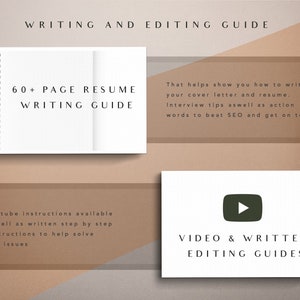May include: A white notebook with a spiral binding and the text "60+ PAGE RESUME WRITING GUIDE" on the cover. A white card with the text "That helps show you how to write your cover letter and resume. Interview tips aswell as action words to beat SEO and get on top." is next to the notebook. A white card with a green play button and the text "VIDEO & WRITTEN EDITING GUIDES" is below the notebook and card.