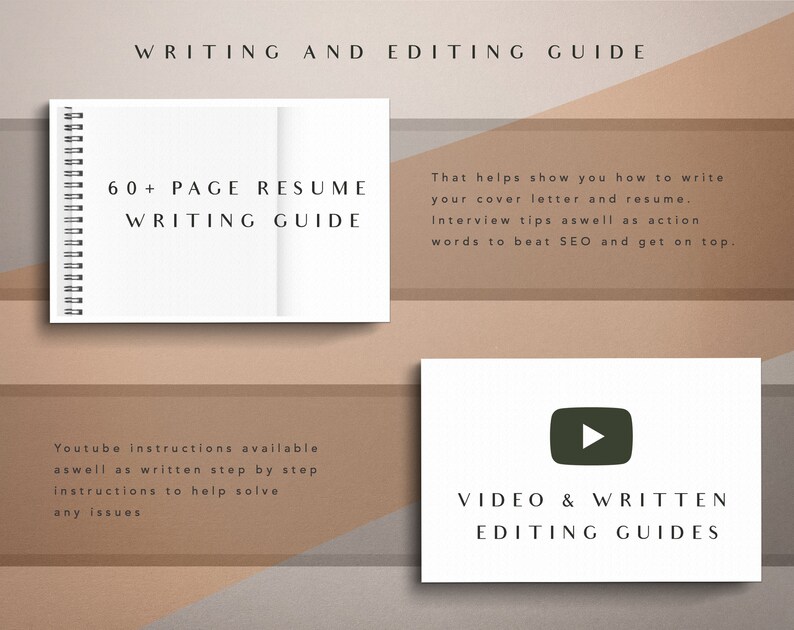 May include: A white notebook with a spiral binding and the text "60+ PAGE RESUME WRITING GUIDE" on the cover. A white card with the text "That helps show you how to write your cover letter and resume. Interview tips aswell as action words to beat SEO and get on top." is next to the notebook. A white card with a green play button and the text "VIDEO & WRITTEN EDITING GUIDES" is below the notebook and card.