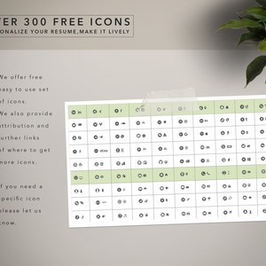 May include: A green and white grid with over 300 free icons. The icons are organized in rows and columns. The text "OVER 300 FREE ICONS" is at the top of the image. The text "PERSONALIZE YOUR RESUME, MAKE IT LIVELY" is below the title. The text "We offer free easy to use set of icons." is on the left side of the image. The text "We also provide attribution and further links of where to get more icons." is below the first text. The text "If you need a specific icon please let us know." is at the bottom left of the image.