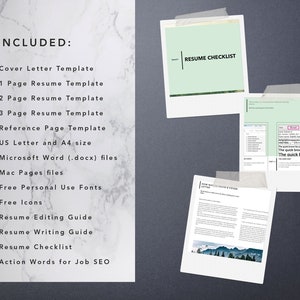 May include: A list of items included in a resume template package. The list includes a cover letter template, 1, 2, and 3 page resume templates, a reference page template, US letter and A4 size, Microsoft Word (.docx) files, Mac Pages files, free personal use fonts, free icons, a resume editing guide, a resume writing guide, a resume checklist, and action words for job SEO.