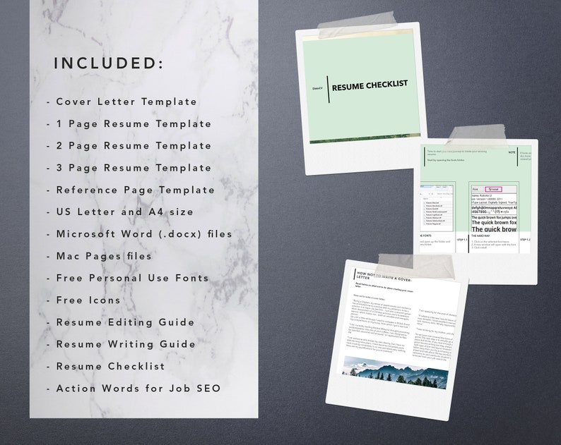 May include: A list of items included in a resume template package. The list includes a cover letter template, 1, 2, and 3 page resume templates, a reference page template, US letter and A4 size, Microsoft Word (.docx) files, Mac Pages files, free personal use fonts, free icons, a resume editing guide, a resume writing guide, a resume checklist, and action words for job SEO.
