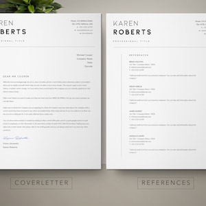May include: A black and white cover letter and references page for Karen Roberts. The cover letter is addressed to Mr. Cooper and includes a handwritten signature. The references page lists four people with their job titles, company names, and contact information.