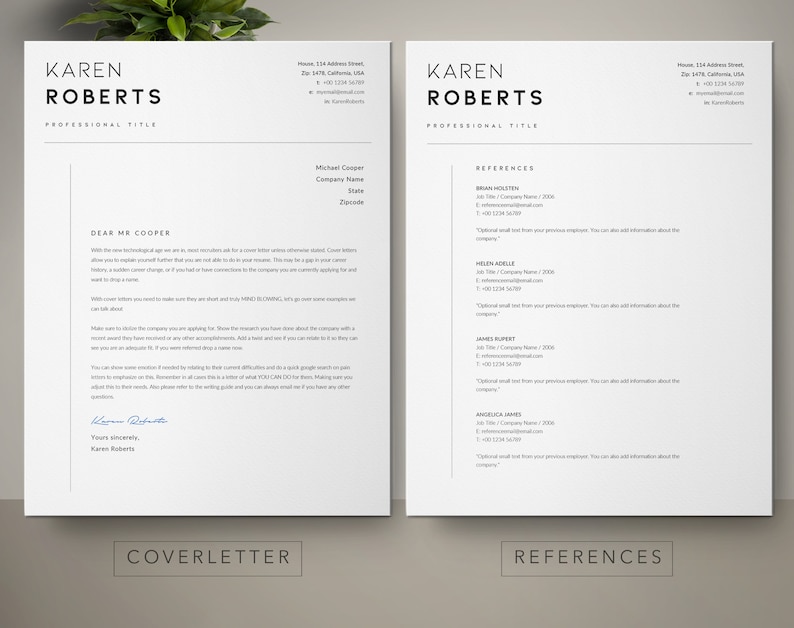 May include: A black and white cover letter and references page for Karen Roberts. The cover letter is addressed to Mr. Cooper and includes a handwritten signature. The references page lists four people with their job titles, company names, and contact information.