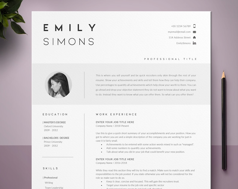 May include: A black and white resume template with a professional headshot of a woman. The resume includes sections for education, work experience, and skills. The text on the resume includes the name Emily Simons, contact information, and job titles.