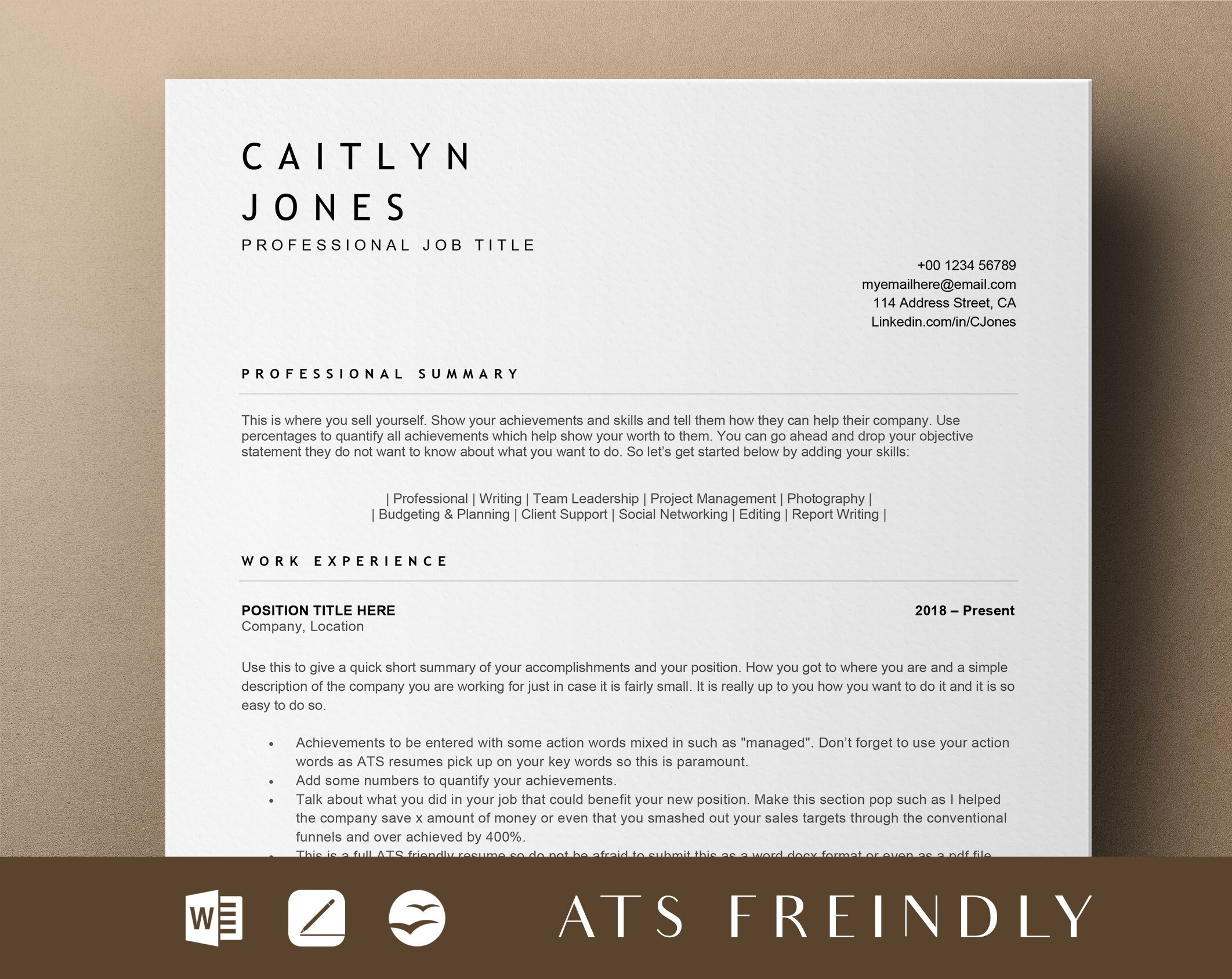 ATS Resume Template, CV Template for Word, Google Docs Resume Template