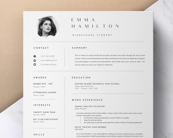 Intern Resume Template, 1 Page Resume CV, Professional Resume, Teacher Resume, College Resume, Word Template, Marketing Resume, Curriculum