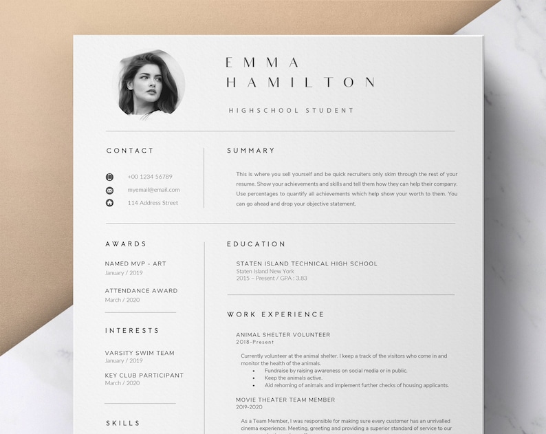 Intern Resume Template, 1 Page Resume CV, Professional Resume, Teacher Resume, College Resume, Word Template, Marketing Resume, Curriculum