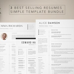 May include: Three resume templates in a simple, modern design. The templates feature a black and white color scheme with a clean layout. Each template includes sections for education, work experience, skills, and contact information.