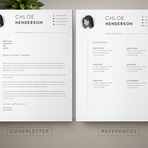 May include: A black and white resume template with a cover letter on the left and a references page on the right. The resume includes a headshot, contact information, and a professional title. The references page lists the names, titles, companies, and contact information for five references.