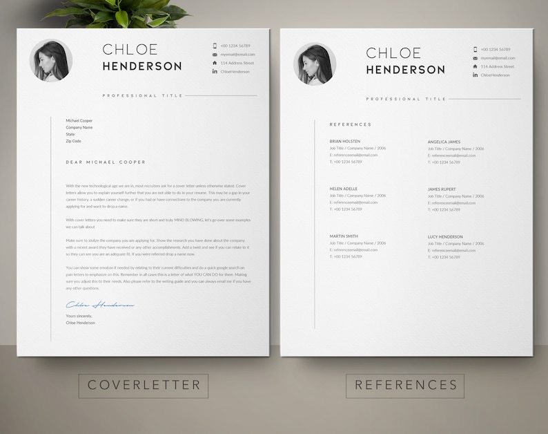 May include: A black and white resume template with a cover letter on the left and a references page on the right. The resume includes a headshot, contact information, and a professional title. The references page lists the names, titles, companies, and contact information for five references.