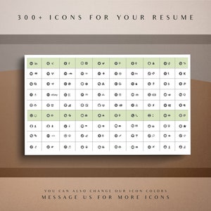 May include: A chart with over 300 icons for your resume. The icons are organized in a grid with different categories, including social media, technology, and more. The text "You can also change our icon colors" and "Message us for more icons" is at the bottom of the chart.