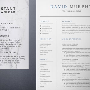 May include: A resume template with a gray background and blue text. The template includes sections for contact information, education, skills, summary, and work experience. The text "INSTANT DOWNLOAD" is at the top of the page.