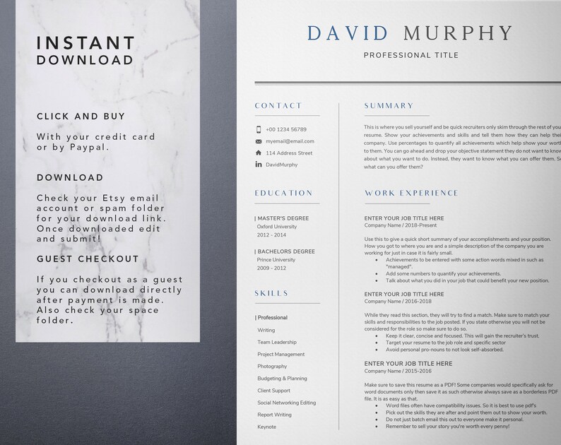 May include: A resume template with a gray background and blue text. The template includes sections for contact information, education, skills, summary, and work experience. The text "INSTANT DOWNLOAD" is at the top of the page.