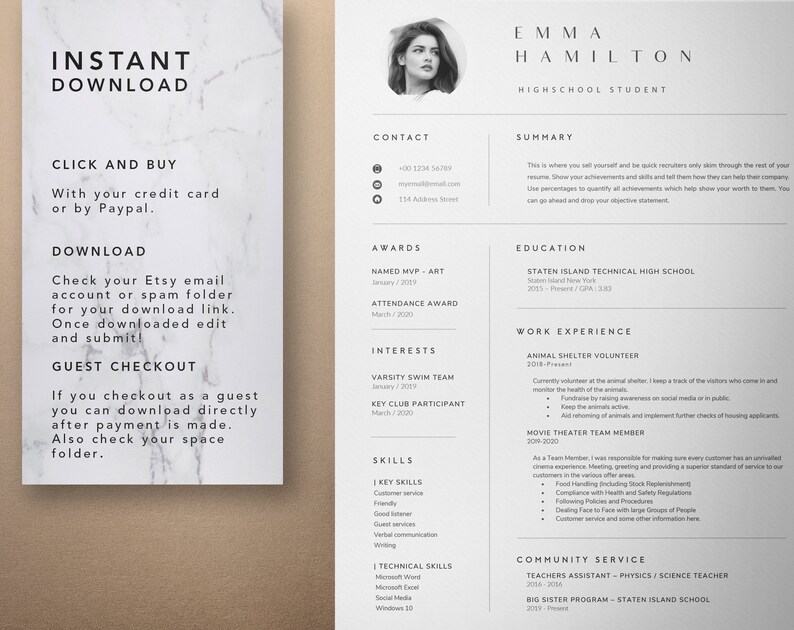 Pu&ograve; includere: Un modello di curriculum vitae in bianco e nero con una foto di una donna nell'angolo in alto a sinistra. Il curriculum vitae include informazioni di contatto, premi, interessi, competenze, esperienza lavorativa e servizio comunitario. Il testo sul curriculum vitae &egrave; "Emma Hamilton, Studentessa delle scuole superiori".