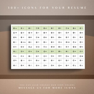 Pode incluir: Uma grade com mais de 300 &iacute;cones para curr&iacute;culos, incluindo logotipos de m&iacute;dia social, s&iacute;mbolos e outros &iacute;cones comuns. O texto "300+ ICONS FOR YOUR RESUME" est&aacute; na parte superior da imagem. O texto "YOU CAN ALSO CHANGE OUR ICON COLORS" e "MESSAGE US FOR MORE ICONS" est&aacute; na parte inferior da imagem.