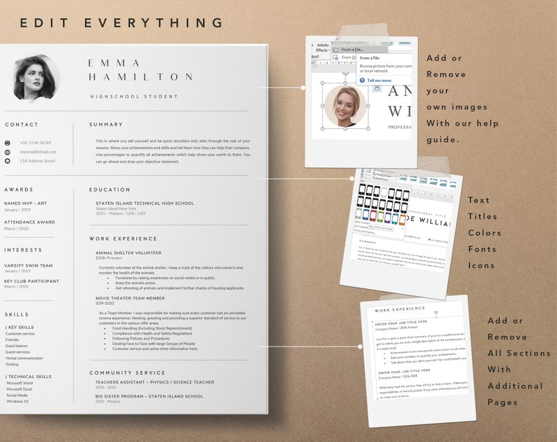 Pu&ograve; includere: Un modello di curriculum vitae personalizzabile con uno schema di colori bianco e nero. Il modello include sezioni per informazioni di contatto, riepilogo, premi, istruzione, esperienza lavorativa, interessi, competenze e servizio comunitario. Il modello include anche un segnaposto per una foto e una sezione per pagine aggiuntive.