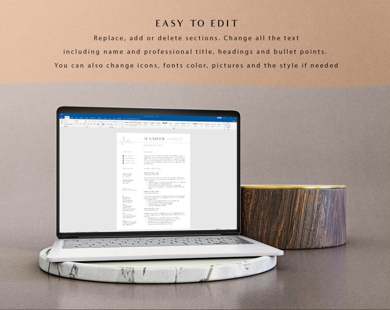 May include: A laptop computer displaying a resume template with the text "JENNEER URLE" at the top. The resume template is designed with a minimalist aesthetic and features a subtle heart rate line graphic.