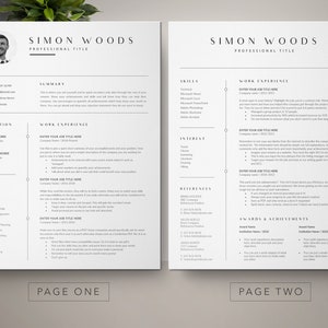 May include: A black and white resume template with the name Simon Woods and the title "Professional Title". The resume includes sections for education, skills, work experience, interests, references, and awards and achievements.