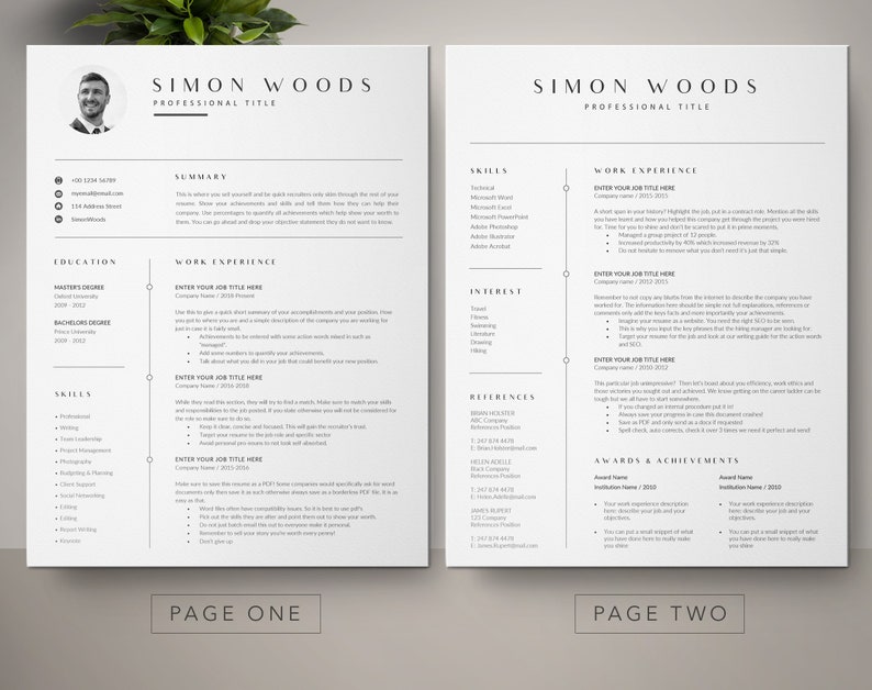 May include: A black and white resume template with the name Simon Woods and the title "Professional Title". The resume includes sections for education, skills, work experience, interests, references, and awards and achievements.
