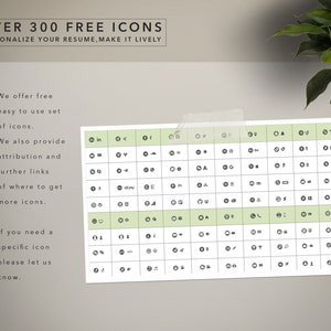 May include: A close-up of a grid of over 300 free icons. The icons are black and white and are arranged in a grid. The text "OVER 300 FREE ICONS" is at the top of the image. The text "PERSONALIZE YOUR RESUME, MAKE IT LIVELY" is below the title. The text "We offer free easy to use set of icons." is on the left side of the image. The text "We also provide attribution and further links of where to get more icons." is below the first text. The text "If you need a specific icon please let us know." is at the bottom of the image.