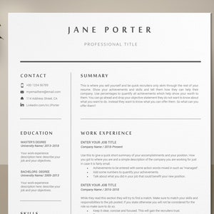 Może przedstawiać: Czarno-biały szablon CV z nazwiskiem Jane Porter i tytułem Tytuł zawodowy. CV zawiera sekcje z danymi kontaktowymi, podsumowaniem, wykształceniem i doświadczeniem zawodowym.