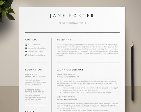 Resume Template Pages, Professional Resume CV, Modern Resume Template,  Simple Resume With Writing Guide, Mac Resume CV, Digital Resume CV 