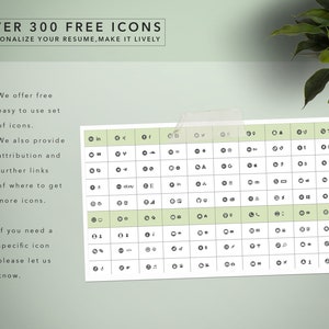 K&ouml;nnte beinhalten: Eine gr&uuml;n-wei&szlig;e Tabelle mit &uuml;ber 300 kostenlosen Symbolen. Die Tabelle ist in Zeilen und Spalten unterteilt, wobei jede Zelle ein anderes Symbol enth&auml;lt. Die Symbole sind schwarz-wei&szlig; und stellen eine Vielzahl von Objekten und Konzepten dar. Der Text "OVER 300 FREE ICONS" befindet sich oben auf der Tabelle. Der Text "PERSONALIZE YOUR RESUME, MAKE IT LIVELY" befindet sich unter dem Titel. Der Text "We offer free easy to use set of icons." befindet sich auf der linken Seite der Tabelle. Der Text "We also provide attribution and further links of where to get more icons." befindet sich unter dem ersten Text. Der Text "If you need a specific icon please let us know." befindet sich unten auf der Tabelle.