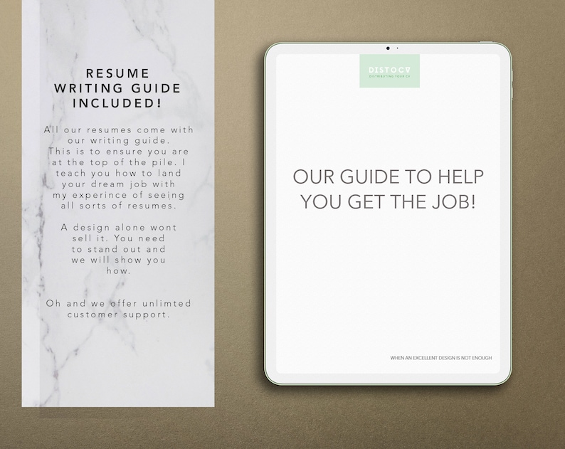 Pu&ograve; includere: Un tablet bianco con un logo verde che dice "DISTOCV" e il testo "OUR GUIDE TO HELP YOU GET THE JOB!" Il tablet &egrave; su uno sfondo marrone. Il testo "WHEN AN EXCELLENT DESIGN IS NOT ENOUGH" &egrave; nella parte inferiore del tablet.