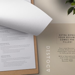 May include: A resume template with the text "EXTRA BONUS YOUR RESUME COMES PRE FILLED!" and "Your new Resume is already filled out with meaningful information to help guide you. With a few extra tips and tricks needed to make your Resume POP!"