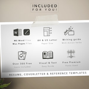 May include: A white card with black icons and text describing the features included in a resume template package. The text includes "MS Word Files", "Mac Pages Files", "A4 & US Letter Paper Size", "Writing guide with Action Verbs", "Over 300 Free Icons Included", "Visual & Text Easy Guide", "Free Premium Fonts Used", and "Resume, Coverletter & Reference Templates".