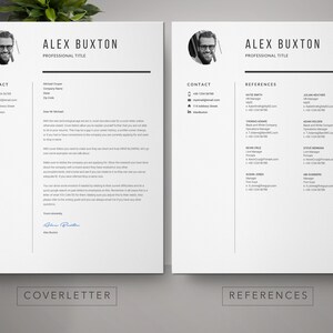 May include: A black and white resume template with a professional headshot, contact information, and references. The resume is for Alex Buxton.