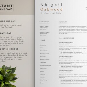 May include: A beige resume template with a brown header and text. The header reads "Abigail Oakwood" with the title "Professional Title" below. The resume includes sections for education, skills, work experience, and a summary. The resume also includes contact information for Abigail Oakwood, including her email address, phone number, and LinkedIn profile.