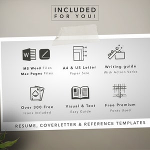 May include: A white card with black icons and text describing the features included in a resume template package. The text includes "MS Word Files", "Mac Pages Files", "A4 & US Letter Paper Size", "Writing guide with Action Verbs", "Over 300 Free Icons Included", "Visual & Text Easy Guide", "Free Premium Fonts Used", and "RESUME, COVERLETTER & REFERENCE TEMPLATES".