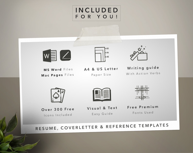 May include: A white card with black icons and text describing the features included in a resume template package. The text includes "MS Word Files", "Mac Pages Files", "A4 & US Letter Paper Size", "Writing guide with Action Verbs", "Over 300 Free Icons Included", "Visual & Text Easy Guide", "Free Premium Fonts Used", and "RESUME, COVERLETTER & REFERENCE TEMPLATES".
