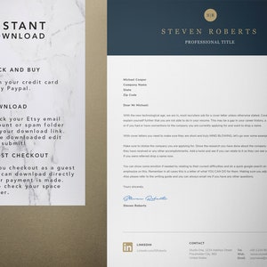 Pu&ograve; includere: Un modello di lettera di presentazione blu e bianco con un design professionale. Il modello include una sezione per il nome del mittente, il titolo, le informazioni di contatto e il corpo della lettera di presentazione. Il testo "INSTANT DOWNLOAD" &egrave; nella parte superiore della pagina.