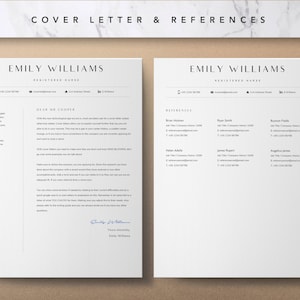 Puede incluir: Una p&aacute;gina de carta de presentaci&oacute;n y referencias en blanco y negro para Emily Williams, enfermera registrada. La carta de presentaci&oacute;n est&aacute; dirigida a Michael Cooper e incluye una firma. La p&aacute;gina de referencias enumera la informaci&oacute;n de contacto de seis personas.