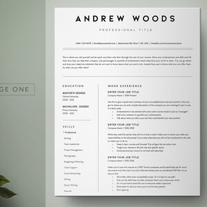 May include: A black and white resume template with the name Andrew Woods at the top. The resume includes sections for education, work experience, and skills. The text on the resume is in a simple, modern font.