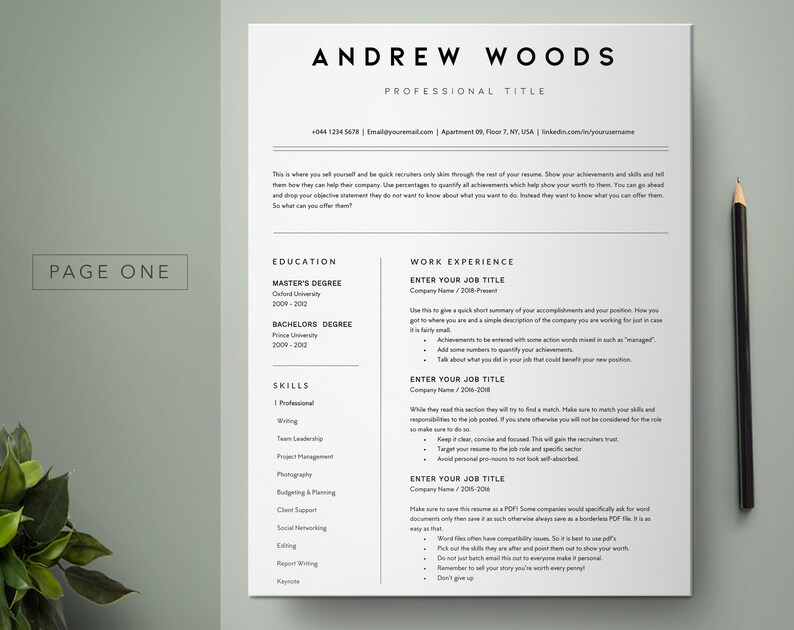 May include: A black and white resume template with the name Andrew Woods at the top. The resume includes sections for education, work experience, and skills. The text on the resume is in a simple, modern font.