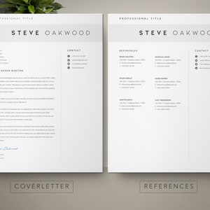 May include: A black and white resume template with the name Steve Oakwood at the top. The resume includes contact information, references, and a cover letter.