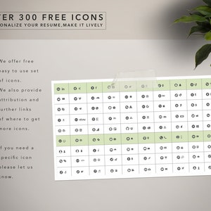 May include: A green and white grid with over 300 free icons for use on resumes. The icons are organized in rows and columns. The text "OVER 300 FREE ICONS" is at the top of the image. The text "PERSONALIZE YOUR RESUME, MAKE IT LIVELY" is below the title. The text "We offer free easy to use set of icons." is on the left side of the image. The text "We also provide attribution and further links of where to get more icons." is below the first text. The text "If you need a specific icon please let us know." is at the bottom of the image.
