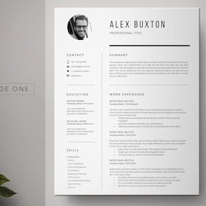 May include: A black and white resume template with a professional headshot, contact information, education, work experience, and skills sections. The resume is designed for a job seeker to showcase their qualifications and experience.