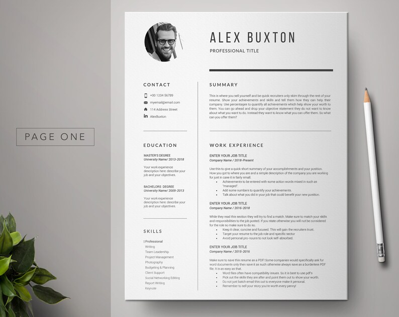 May include: A black and white resume template with a professional headshot, contact information, education, work experience, and skills sections. The resume is designed for a job seeker to showcase their qualifications and experience.