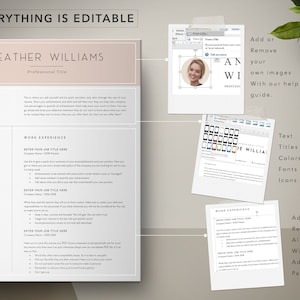 May include: A customizable resume template with a light pink background and a professional design. The template includes sections for skills, work experience, and education. The text "EVERYTHING IS EDITABLE" is at the top of the page. The text "HEATHER WILLIAMS" is in a larger font size and is centered on the page. The text "Professional Title" is below the name. The template also includes a section for adding a photo. The text "Add or Remove your own images with our help guide." is on the right side of the page. The text "Text, Titles, Colors, Fonts, Icons" is on the right side of the page. The text "Add or Remove All Sections with Additional Pages" is on the right side of the page.