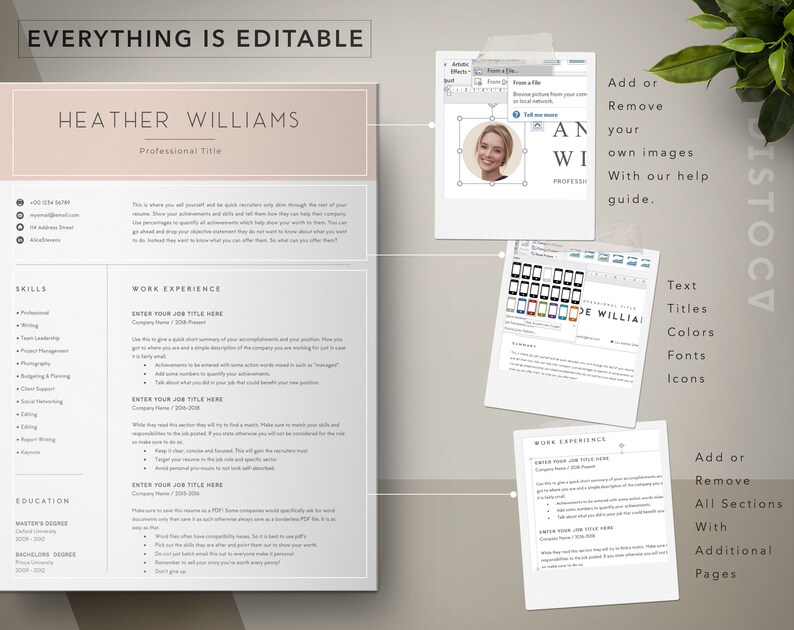 May include: A customizable resume template with a light pink background and a professional design. The template includes sections for skills, work experience, and education. The text "EVERYTHING IS EDITABLE" is at the top of the page. The text "HEATHER WILLIAMS" is in a larger font size and is centered on the page. The text "Professional Title" is below the name. The template also includes a section for adding a photo. The text "Add or Remove your own images with our help guide." is on the right side of the page. The text "Text, Titles, Colors, Fonts, Icons" is on the right side of the page. The text "Add or Remove All Sections with Additional Pages" is on the right side of the page.