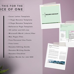 May include: A digital download for a resume template package. The package includes a cover letter template, one-page resume template, two-page resume template, reference page template, resume editing guide, resume writing guide, resume checklist, and action words for job SEO. The templates are available in US Letter and A4 size and are compatible with Microsoft Word (.docx) files and Mac Pages files. The package also includes free personal use fonts and icons.