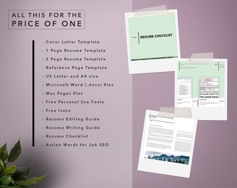 May include: A digital download for a resume template package. The package includes a cover letter template, one-page resume template, two-page resume template, reference page template, resume editing guide, resume writing guide, resume checklist, and action words for job SEO. The templates are available in US Letter and A4 size and are compatible with Microsoft Word (.docx) files and Mac Pages files. The package also includes free personal use fonts and icons.